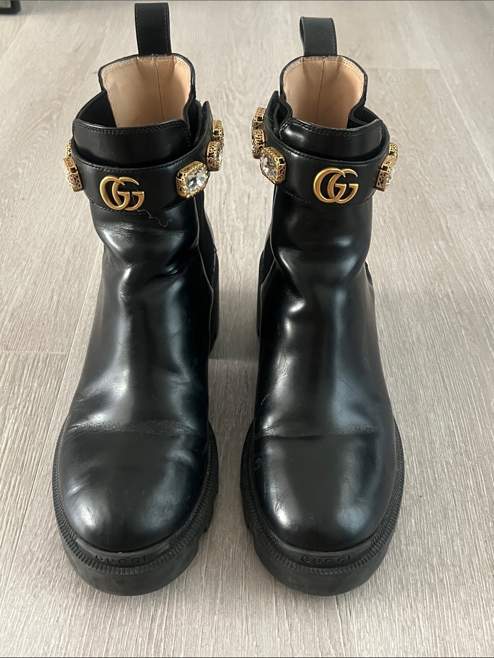 Gucci Black Leather Ankle Boots with Gold GG & Jeweled Strap